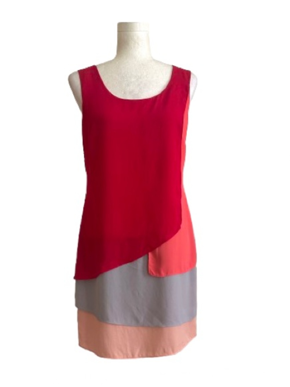 Max & Cleo Red Coral Gray Peach Chiffon Layered Sleeveless Shift Dress Size 2